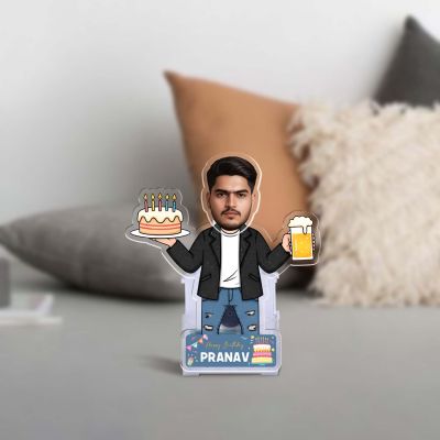 Personalized Birthday Boy Caricature with Shaking Head Feature, Customized Funny Face Photo Cutout with Cake and Beer Design, Birthday Gift for Brother, Friends, Husband Solar Powered